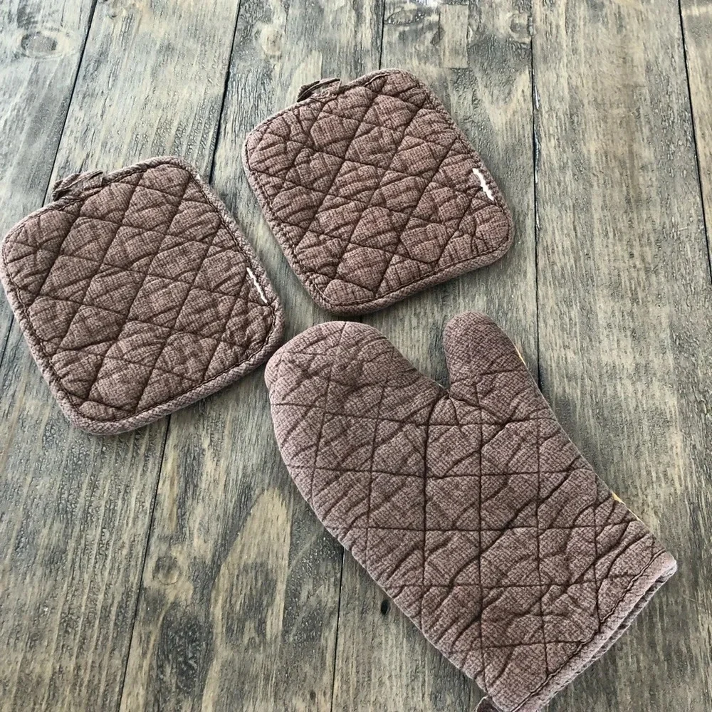 Vintage 3‎ Piece Set Brown Sunflower Potholder Oven Mitt Kitchen Decor Quilted